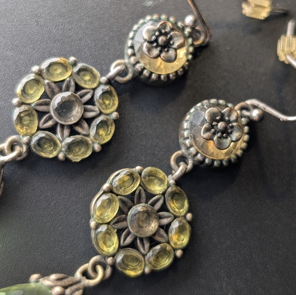 Artisan Green Glass Drop Earrings Oxidized Silver Boho Luxe 2 Inches - Picture 4 of 10